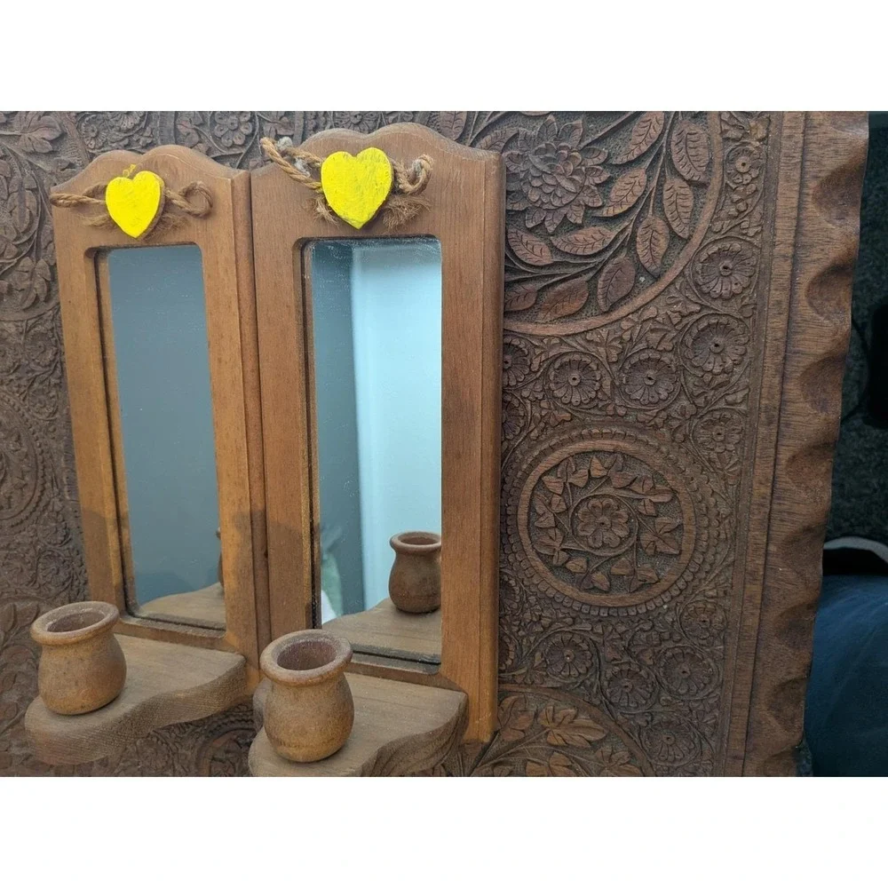 Vintage Wooden Mirror Sconce Wall Candle Holder Set Of 2 11.5 Inch Grannycore